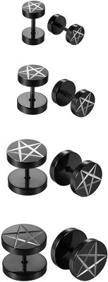 Assorted 4 Pairs Stainless Steel 6-12MM Fake Gauges Pentagram Earrings Dumbbell