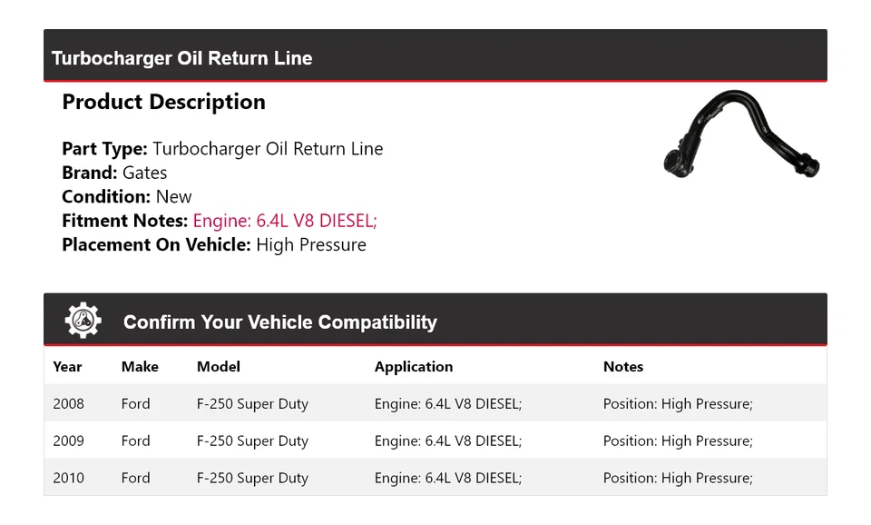 Puertas de línea de retorno de aceite turbocompresor Super Duty 2009 para Ford F-250 Super Duty 2008-2010 Foto 2 de 3