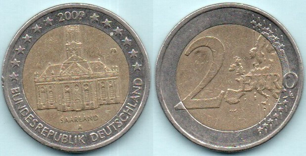 Allemagne; 2€, 2009, commémorative, Sarre, atelier A, ayant circulé, belle