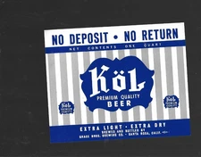 KOL PREMIUM QUALITY BEER – VINTAGE LABEL – GRACE BROS, SANT ROSA, CA
