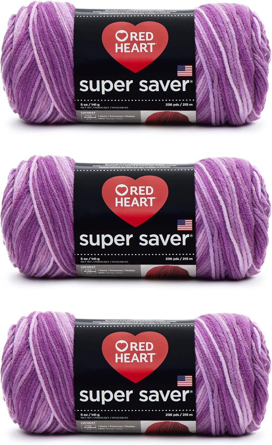 Red Heart Super Saver Purple Tones Yarn - 3 Pack of 141G/5Oz - Acrylic - 4 Mediu