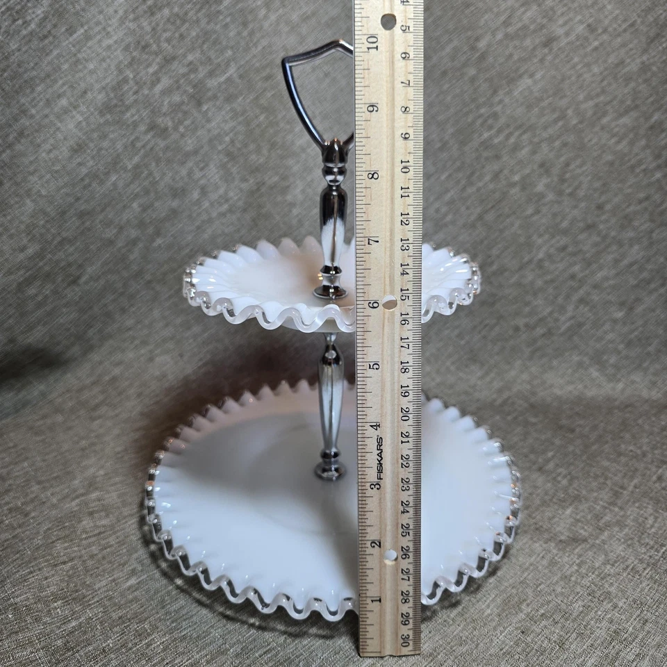 Vintage Milk Glass Ruffled Silver Edge 2-Tier Serving Tray Stand & Plate - Image 2 of 4