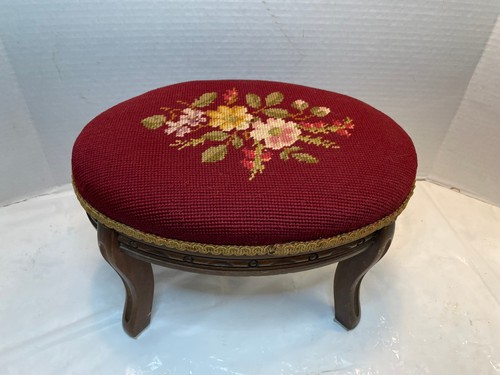 Vintage Small Victorian Style Needlepoint Floral Footstool Stool Wood 11x13x9