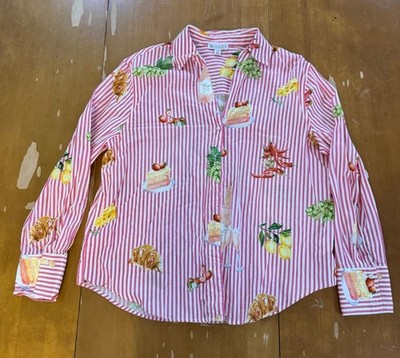 ELIANE ROSE Striped French Pastry Graphic Long Sleeves Button Top MEDIUM Casual