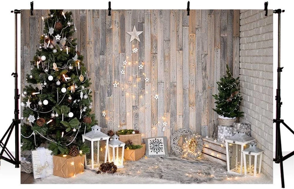 Árbol de Navidad de invierno de 10x7 pies rústico de madera marrón telón de fondo estrellas regalos corona Foto 2 de 2