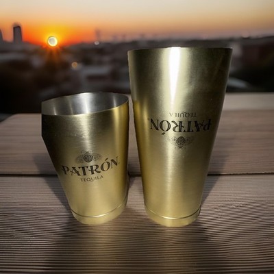 Patron Tequila  2 Piece Gold Matt Finish Color Stainless Steel Shaker Set. New