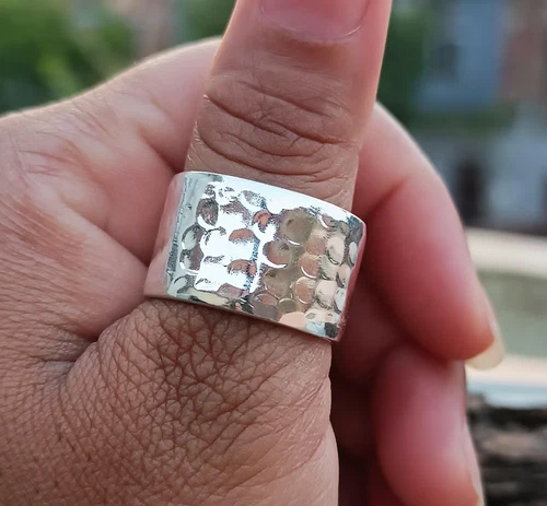 Solid 14 mm Wide Solid 925 Sterling Silver Hammered Wedding Band,Herve  All Size