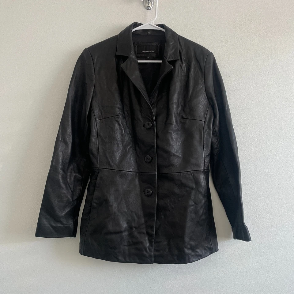 VTG 90s Leather Jacket Women M Black Button Minimalist Model Off Duty Oversized