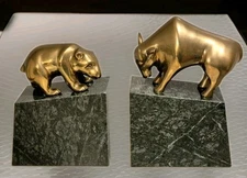 Set of Gatco Stock Exchange Bookends Solid Brass Bull Bear Green Marble Base 