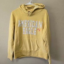 American Eagle Y2K Yellow Pullover Hoodie Distressed Logo Sweatshirt Women Large