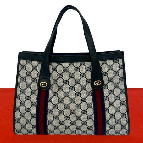 GUCCI Sherry line GG Logo Pattern Handbag leather PVC Navy 32673