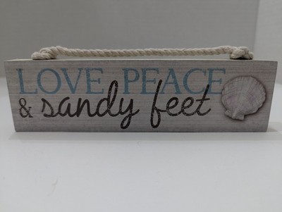 White Love Peace and Sandy Feet  Wood Christmas Ornament With Rope Hanger 7''