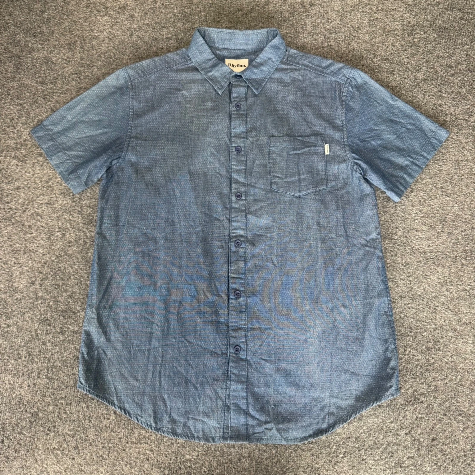 Rhythm. Huckberry Mens Medium Micro Dot Blue Cotton Short Sleeve Button Up Shirt