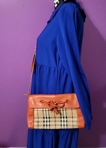 Burberry London Haymarket Check Leather Canvas Orange Crossbody Handbag Leah 💝 - Picture 6 of 14
