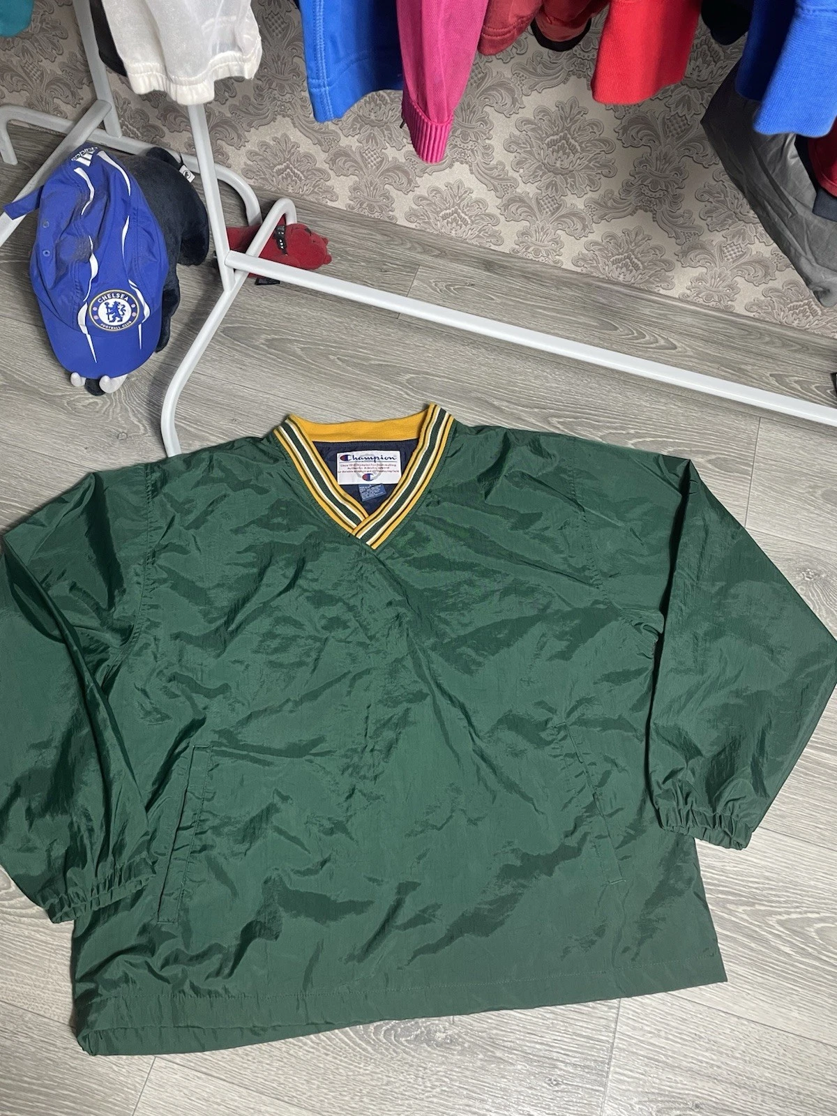 Vintage Anorak Champion Men’s Size L Large Green Nylon Rare Jacket Yellow Line