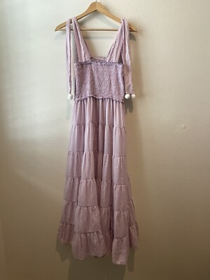 Purple White Gingham Print Smocked Square Neck Midi Dress N/S | eBay
