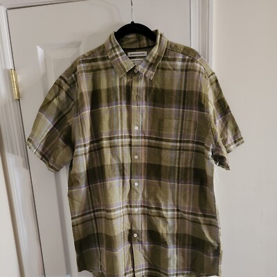 Amazon Essentials green  linen Plaid Short Sleeve Button Up Shirt Size Large 