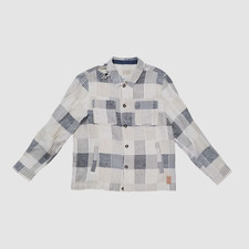 298 Scotch Soda Men Beige Blue Check Jacquard Linen Button-up Over Shirt XL