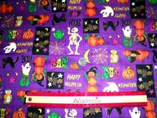 HALLOWEEN FABRIC CUTE PURPLE W/BATS,MUMMIES,CATS,GHOST, SKELETON COTTON 1 YARD