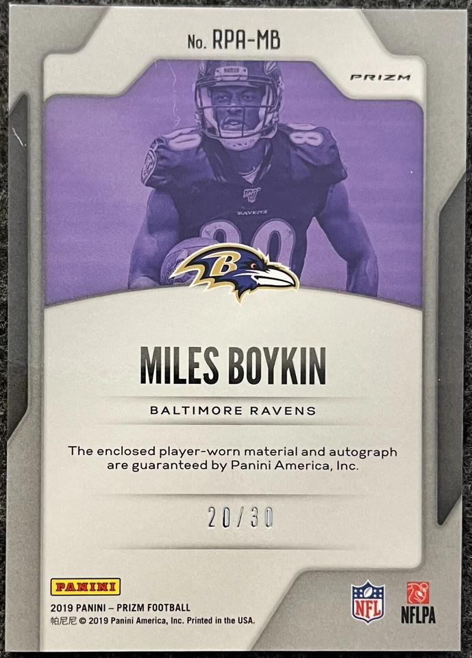 2019 Prizm Rookie Patch Auto #RPA-MB Miles Boykin Purple Power Prizm /30 RC SP - Image 2 of 2