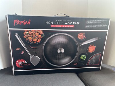 Parini 12.5'' Stainless Steel Non-Stick Wok Pan w/Glass Lid & Spatula *Brand New*