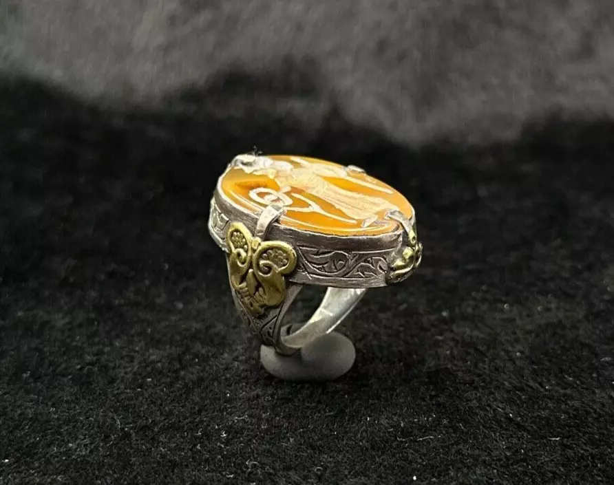 Big Solid Silver And Gold Plated Ancient Ring With Intaglio King