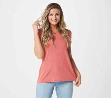 H by Halston Essentials Short-Slv V-Neck Hi-Low Hem Tunic-Coral Rose-XS-A366417