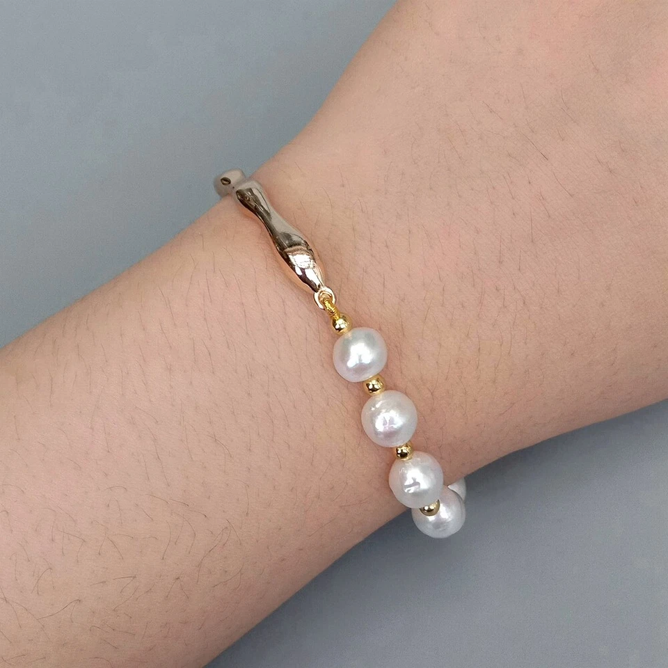 Brazalete Brazalete Perla Blanca Cultivada Perla Natural Chapado en Oro Foto 2 de 4