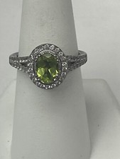 Sterling Silver Peridot Ring CZ Halo Size 7.25