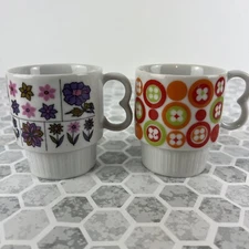 Vtg 70's Japan Green Purple Flowers 2 Stackable Coffee Mugs Style Craft Tea Cup