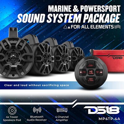 DS18 4'' Marine Black Tower Speakers x4 4 Channel Amp Bluetooth Remote Amplifier