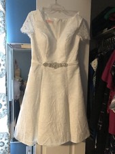 A-Line V-neck Knee-Length Lace Wedding Dress - Size 12 - White