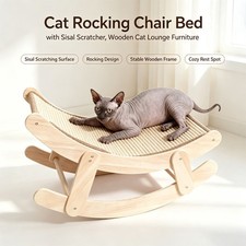 Cat Rocking Chair Bed with Sisal Scratcher, Wooden Cat Lounge Furniture