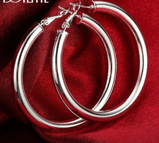 925 Sterling Solid Silver 50mm Round Smooth Big Hoop Earrings Women Jewelry