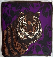 FRENCH Parisian Silk Scarf 34x33 TIGER Purple Leaves Surrounding Brown Backing