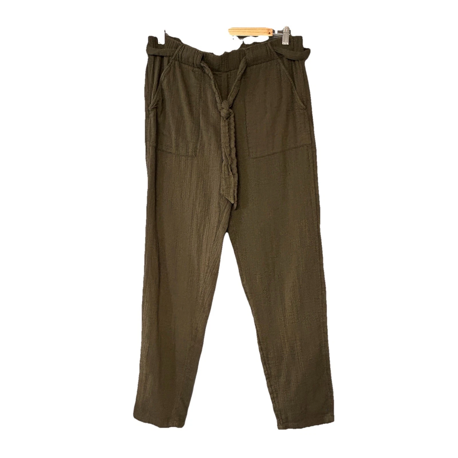 Per Una Cheesecloth Trousers Womens UK 14 Khaki Green Pull On Pockets Belt