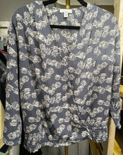 ALLISON JOY Blue Faux Wrap Blouse Top M Medium 3/4 Sleeve V-Neck Made in USA