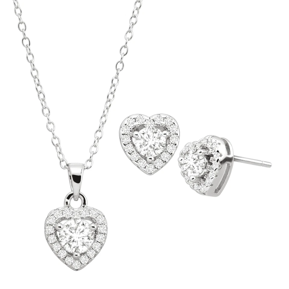 Finecraft Stud Earrings & Pendant Set with Cubic Zirconia in Rhodium Over Silver