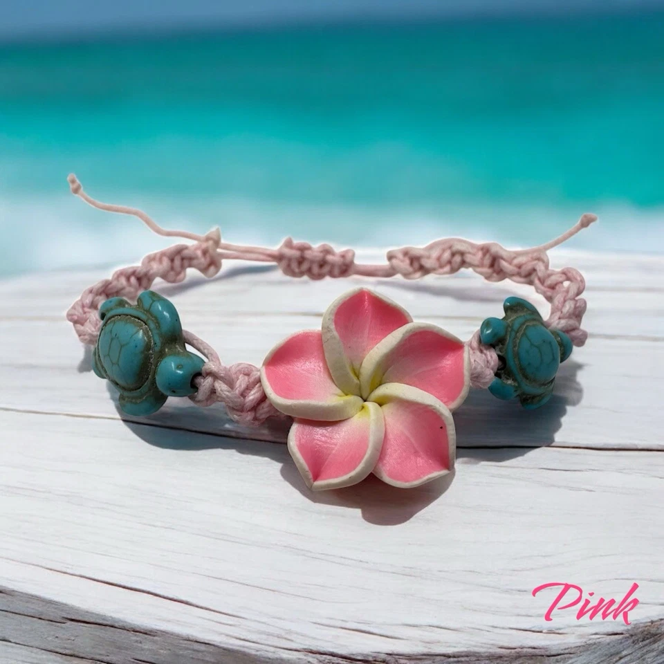 Handmade Hawaiian Plumeria Flower & Turtle Bracelet – Adjustable Tropical Anklet - Image 3 of 4