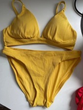 F&F Yellow Ribbed Padded Triangle Bikini Swimwear Set Top 12 Bottoms 10