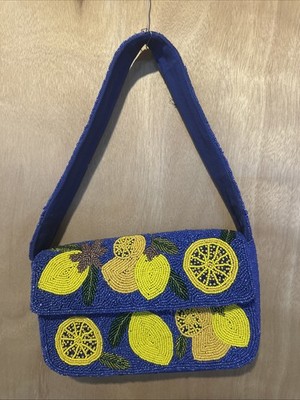 Viral America & Beyond Lemon Beaded Blue Shoulder Handbag & Earrings New