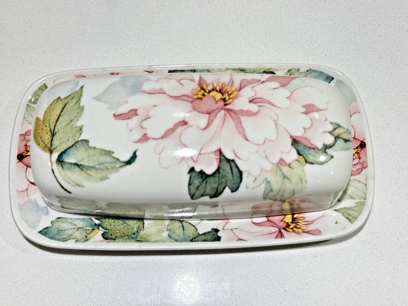 Johnson Brothers Peony Covered Butter Dish England Pink Floral (Minor Chip)