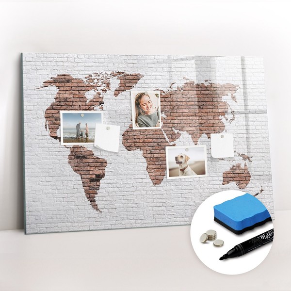 Glas Magnettafel Pinnwand Mit Marker Schwamm Magneten Ziegel-Weltkarte 90X60 Cm-image