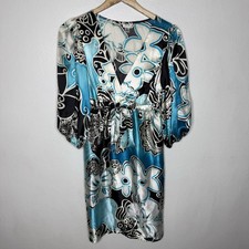 Vintage Cache Blue Silk Plunge V-neck Dress Batwing Sleeve Womens 2 Floral Y2K