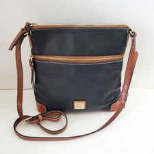 Dooney & Bourke Black w Tan Leather Pebble Grain Crossbody Bag Medium 10" Ht