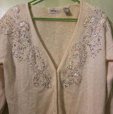 Cárdigan Worthington Mujer LG Seda Angora Mezcla Lana de Cordero Perlas Crema Años 80 De Colección