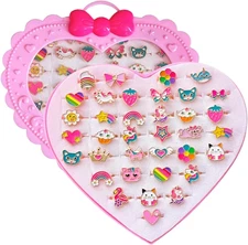 36Pcs Children Kids Little Girl Adjustable Jewelry Rings in Box Girl Pretend Pla