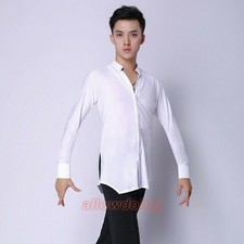 Men Latin Dance Shirts Tops Ballroom Modern Salsa Stretch Long Sleeve White Cosy
