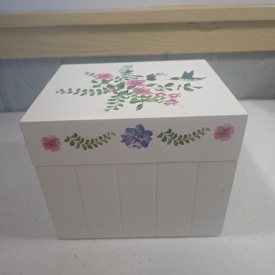 Cyndy Callog Pink Blue Hummingbird Flowers Poppies Botanical Wooden Recipe Box 