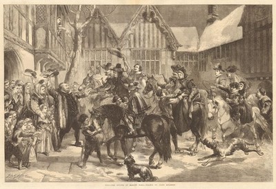 Begrüßen Sie Gäste in der Mardon Hall, von John Gilbert. England. Historische Häuser 1867